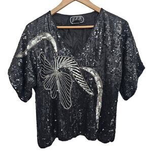 Vintage Silk Blouse Women Small Black Floral Beaded 90s Evening Glam Embellished